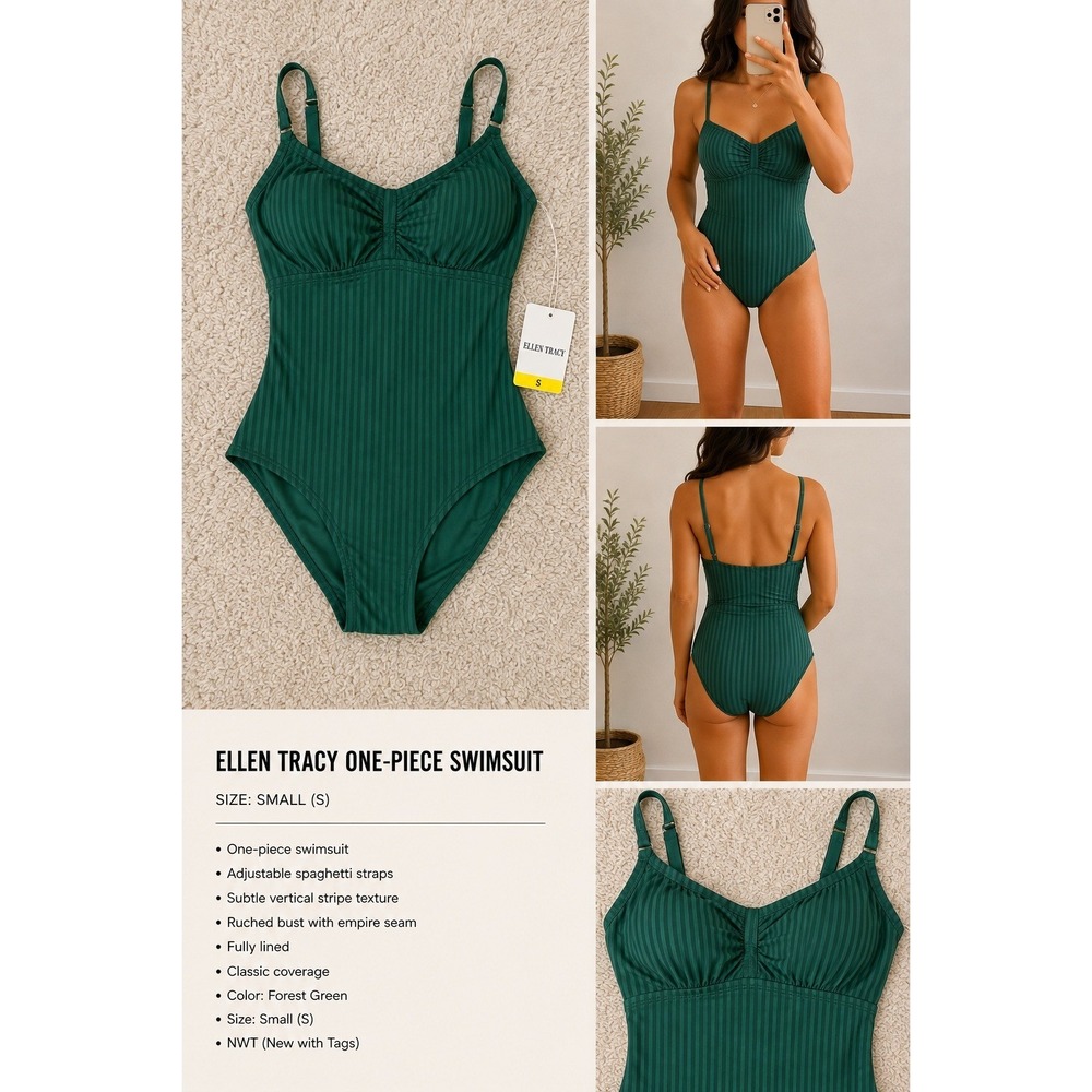 Ellen Tracy One Piece Swimsuit Forest Green Ribbed Ruched Bust Small NWT - Picture 3 of 3
